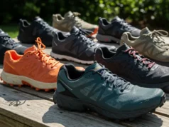 2025’s Best Backpacking Trail Runners: Expert Reviews Collection of 2025's best backpacking trail running shoes arranged outdoors in natural daylight.