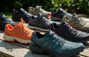 2025’s Best Backpacking Trail Runners: Expert Reviews Collection of 2025's best backpacking trail running shoes arranged outdoors in natural daylight.