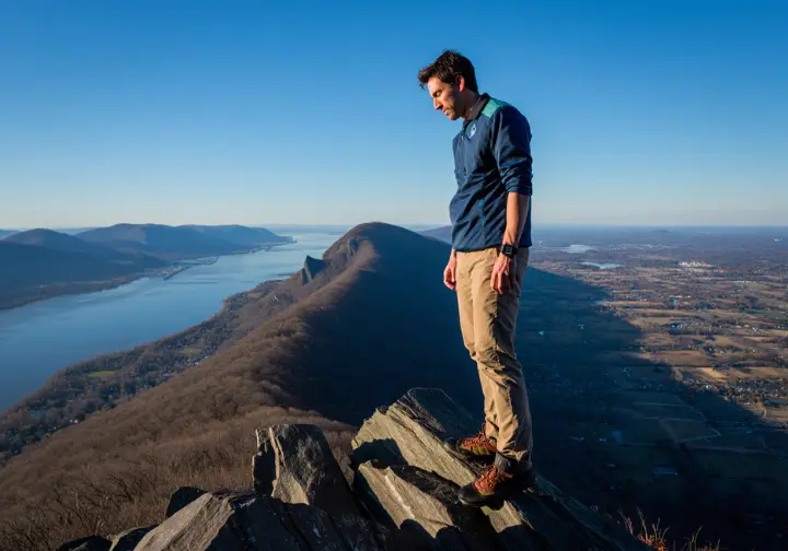 A hiker on the summit of Bull Hill, the new crown jewel of Cold Spring hiking, looking out at the Hudson Valley.