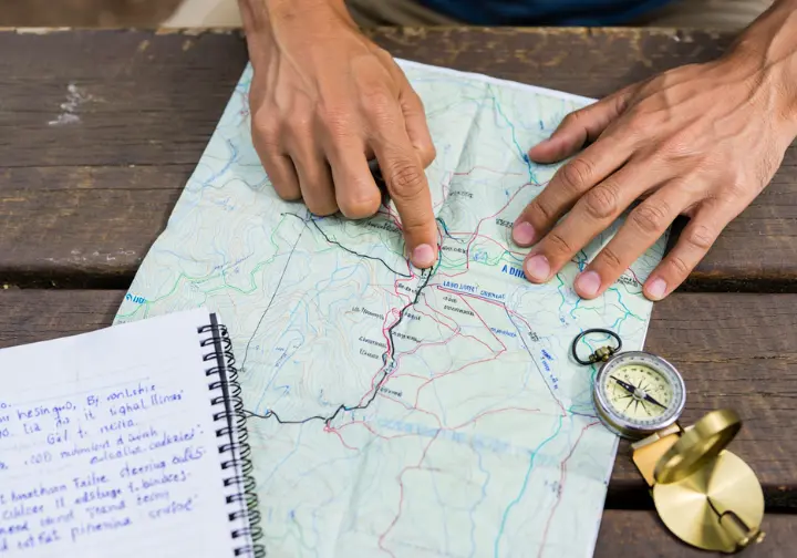A hiker's hands carefully tracing a route on a topographic map with a compass nearby, illustrating the process of choosing a hike in Colorado.