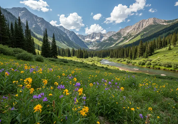 Panoramic view of a lush green valley in Colorado, showcasing a hiking paradise with wildflowers, a river, and mountains.