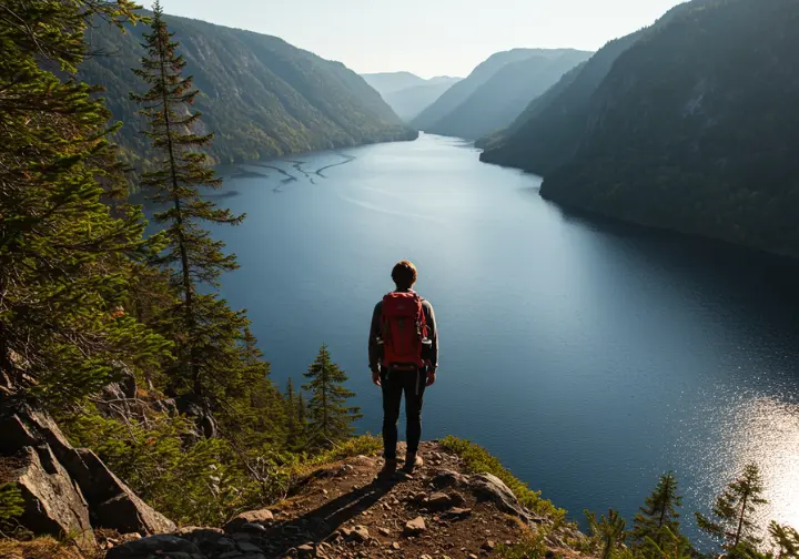 Solitary hiker overlooking a serene lake on a hidden trail near Vancouver, escaping the crowds.