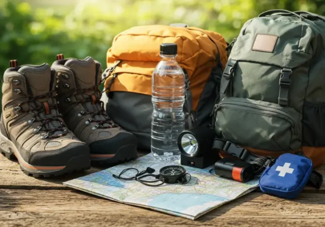 Essential hiking must-haves including boots, backpack, map, compass, and first-aid kit prepared for an adventure.