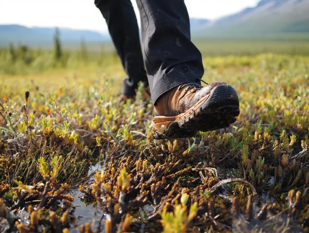 A close-up of a hiker's boot stepping onto a difficult tundra tussock, illustrating the challenging terrain of a Gates of the Arctic backpacking expedition.
