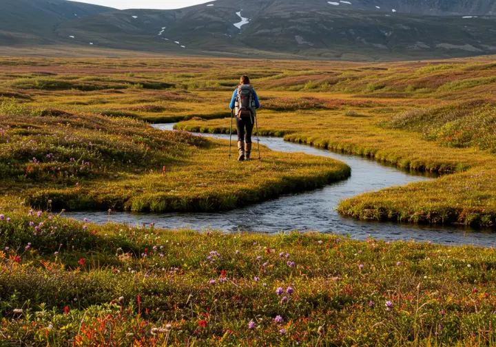 Hiker navigating trail-less terrain in Gates of the Arctic, showcasing the vast, open wilderness.