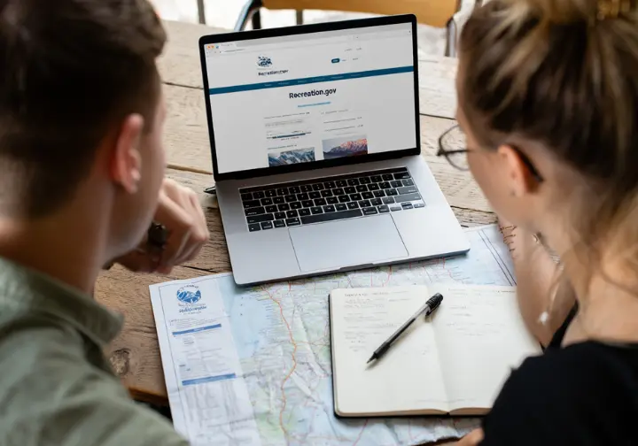 Two hikers planning a backpacking trip, looking at a map of Glacier National Park and the permit website on a laptop.