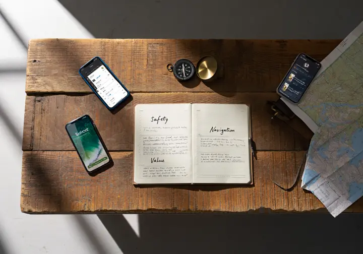 A flat lay showing a journal with evaluation notes surrounded by smartphones with different hiking apps, a compass, and a map, representing a unique review methodology.