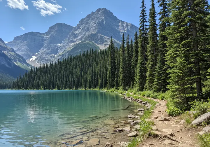 Scenic view of a hiking trail at Joffre Lakes, with turquoise water, forest, and mountain peaks.