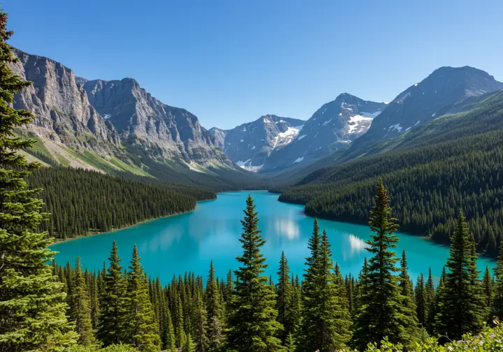 Stunning panoramic view of Joffre Lakes' turquoise waters surrounded by mountains and forest.