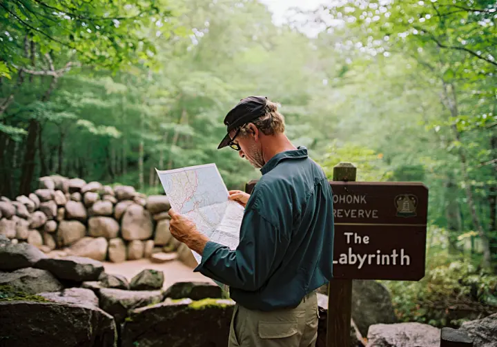 A hiker stands at the entrance to the Labyrinth trail at Mohonk, studying a map before beginning the rock scramble.