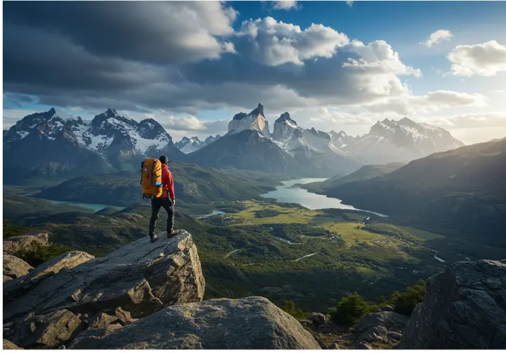 Hiker overlooking a Patagonian landscape, symbolizing the ultimate trekking adventure.
