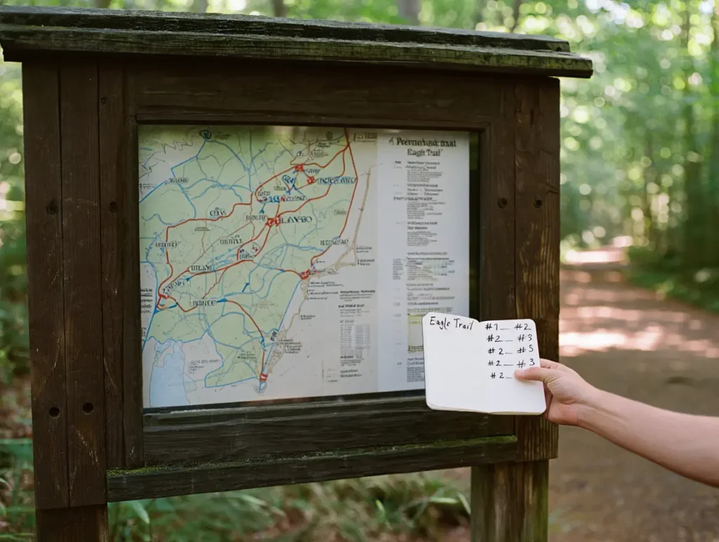 A hiker at a trail kiosk in Peninsula State Park, pointing to the Eagle Trail on a map while holding a notebook showing a ranked list of trails.