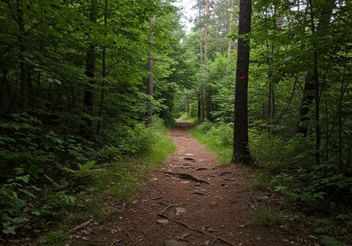 Secluded hiking trail in the Lake George region, surrounded by dense forest.