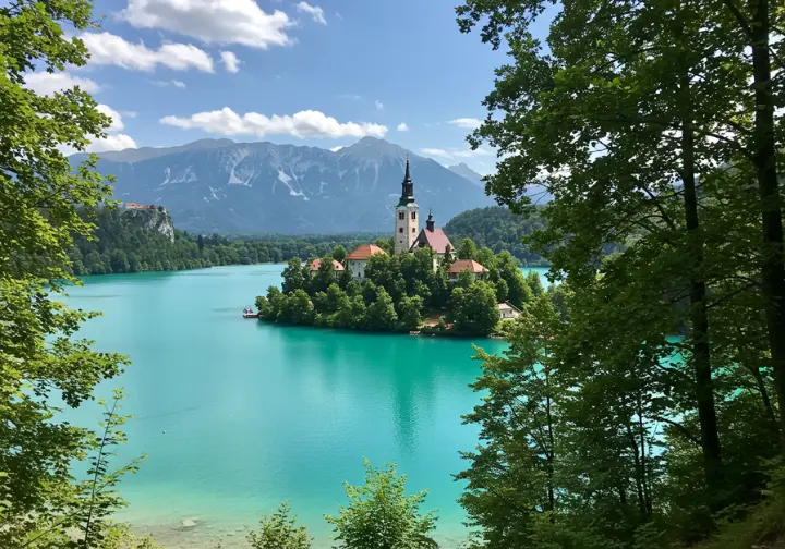 Lake Bled's turquoise waters surrounded by forest and the Julian Alps.