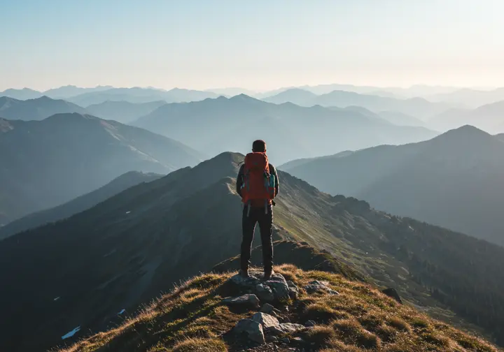 Hiker overlooking a vast mountain landscape on the Slovenian Mountain Trail, representing adventure and exploration.