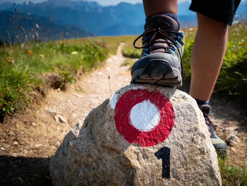 Close-up of a hiking boot next to the iconic Knafelc blaze trail marker on the Slovenian Mountain Trail.
