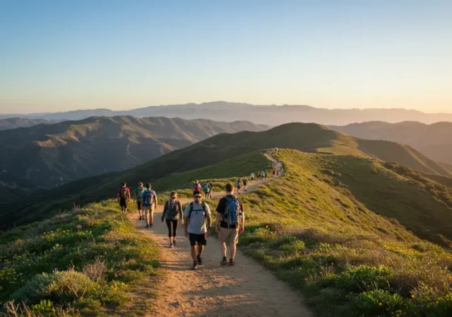 Panoramic view of hikers on a Southern California mountain trail under a clear, sunny sky.