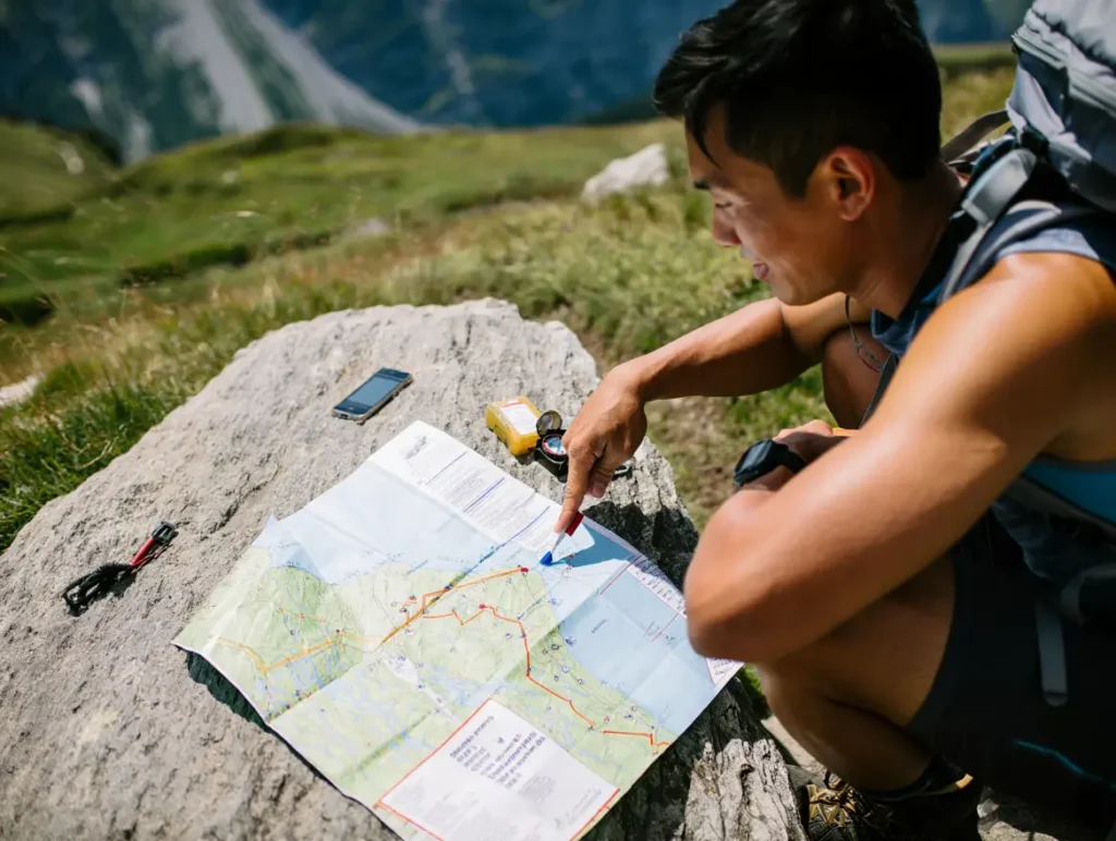 A dedicated hiker strategically planning a route on a topographic map for a Swiss hiking adventure in the Alps.