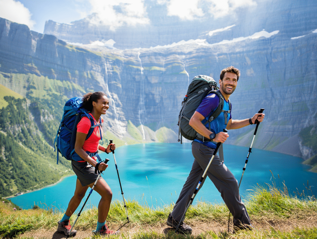 Two hikers on the trail above the iconic turquoise Oeschinensee, one of the best curated hikes in Switzerland.