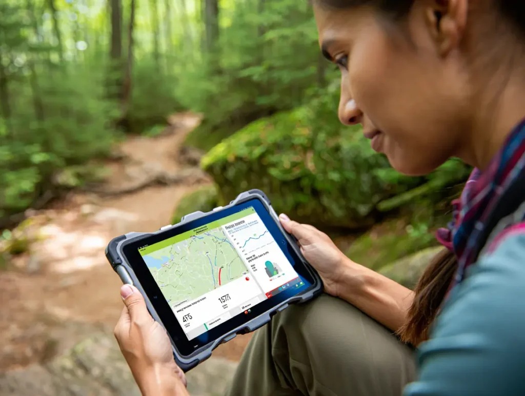A hiker on a forest trail studying a detailed digital trail profile for Lake George on a rugged tablet.