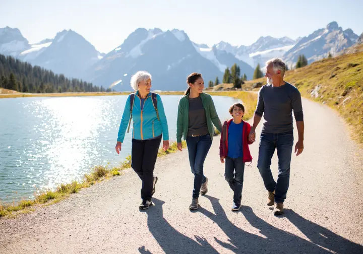 A family with children enjoys an easy walk on a flat trail around a scenic alpine lake in Colorado, with mountains reflected in the water.