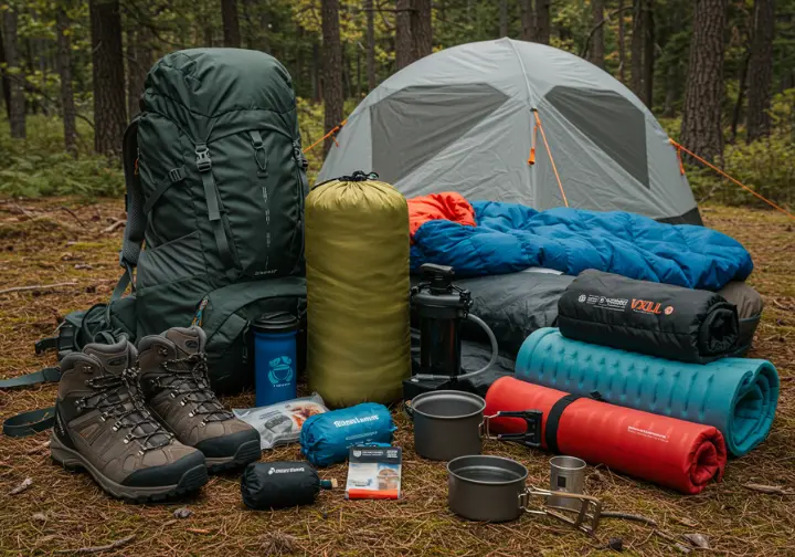 Display of essential backpacking gear categories, including backpack, tent, sleeping system, and cooking equipment.