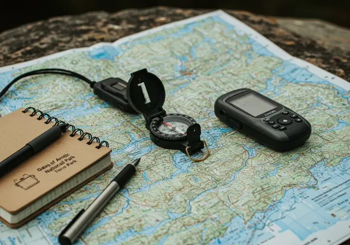 Topographic map, compass, and GPS device, essential planning tools for Gates of the Arctic backpacking.