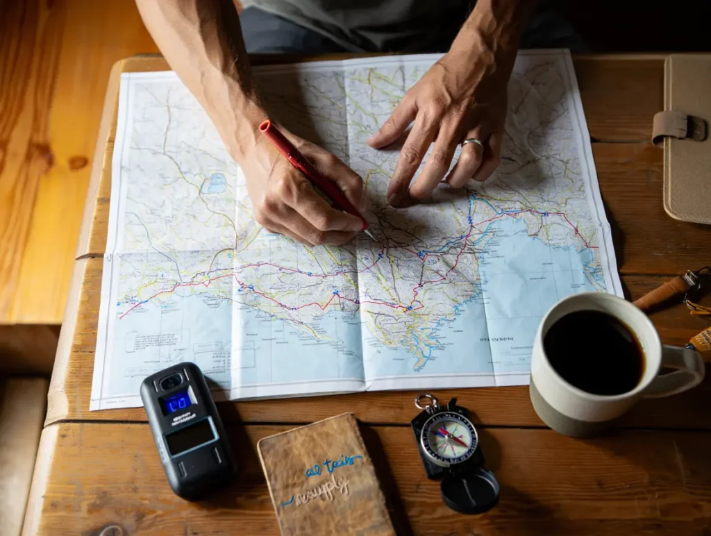 Planning a Gates of the Arctic backpacking trip with a topographic map, compass, and satellite messenger laid out on a table.