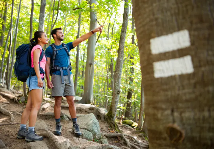 Two hikers following the white trail blazes on the Washburn Trail during a hike up Bull Hill in Cold Spring, NY.