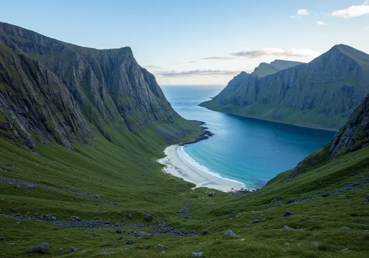 Iconic Lofoten staples: a dramatic coastal vista overlooking a white sand beach nestled between towering cliffs.