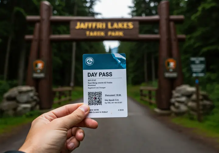 Park ranger holding a Joffre Lakes day pass, showing the QR code and date for verification.