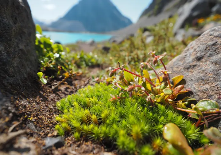 A close-up of fragile wildflowers and moss on the Joffre Lakes trail, symbolizing the ecological conservation efforts behind the day pass system.