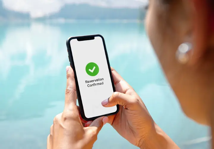 A person holds a smartphone showing a confirmed reservation for a park pass, with the turquoise Joffre Lake blurred in the background.