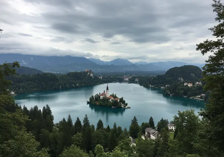 Aerial viewpoint of Lake Bled and its island.