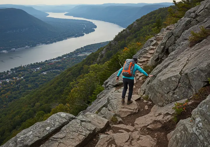 Hiker navigating the steep, rocky section of Breakneck Ridge trail, with the Hudson River in the background.