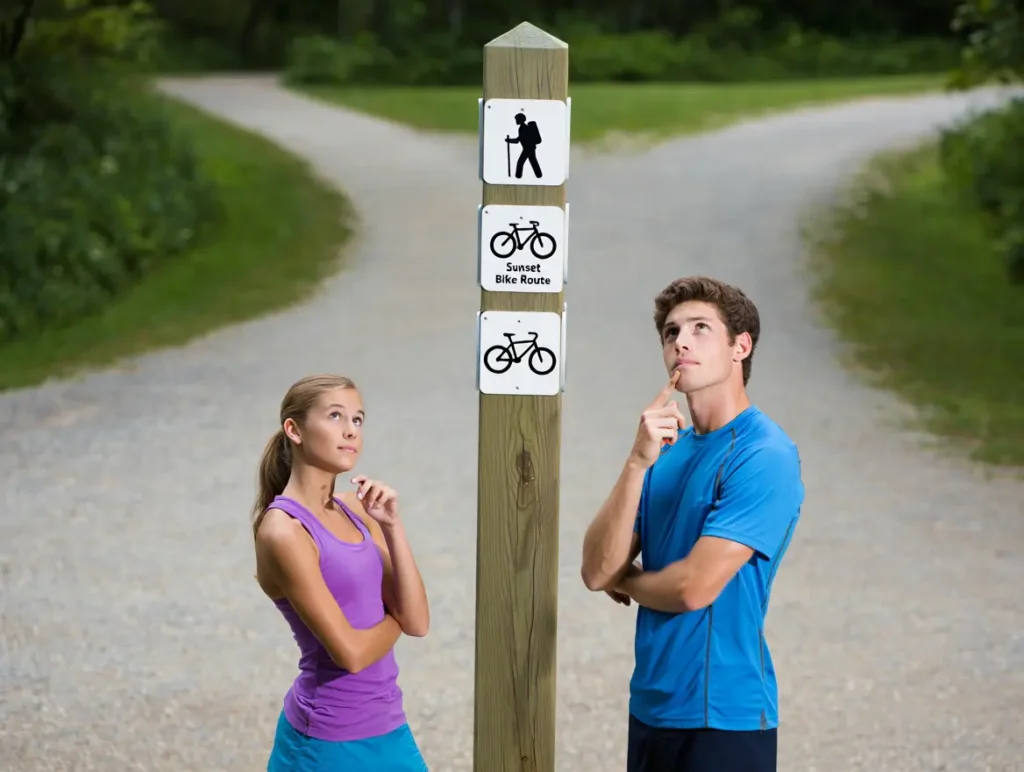 A clear trailhead sign in Peninsula State Park showing three distinct icons for hiking, road biking, and mountain biking trails.