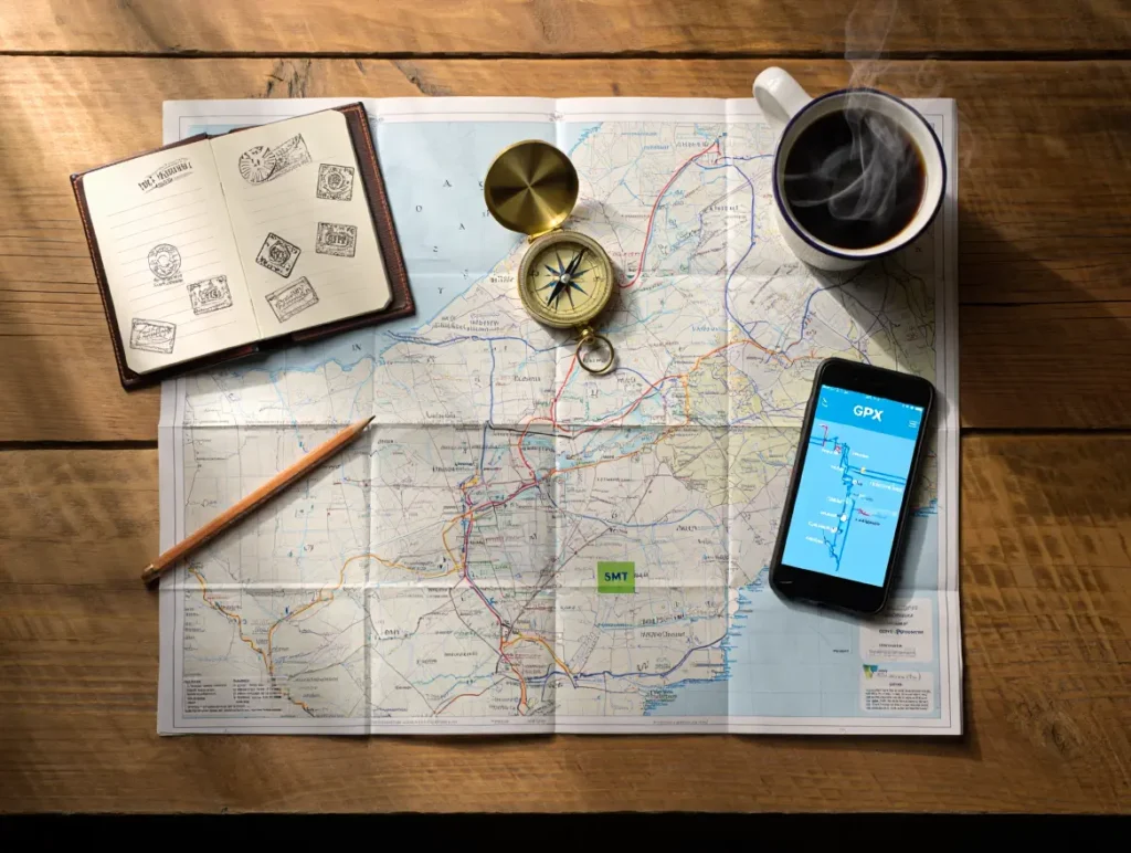A map, compass, logbook, and other gear for planning a Slovenian Mountain Trail hike laid out on a table.