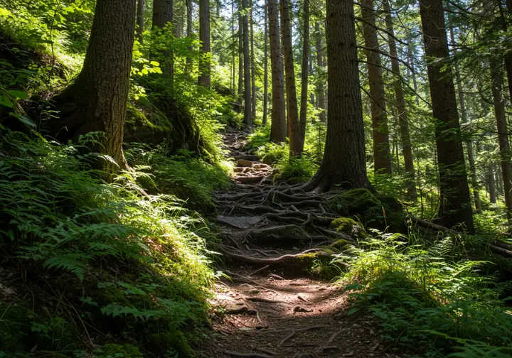 Steep, winding trail through a dense forest, representing hidden hikes in Vancouver BC.