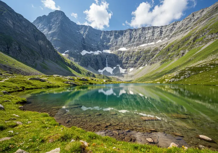 Alpine lake reflecting mountains on the Slovenian Mountain Trail, showcasing diverse terrain and natural beauty.