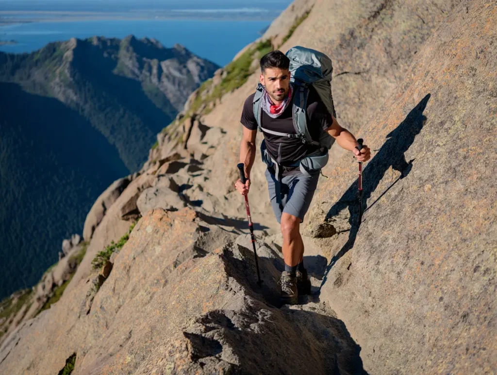 An advanced hiker carefully traversing a narrow, rocky ridge on the Tongue Mountain Range as part of the Lake George 12ster challenge.