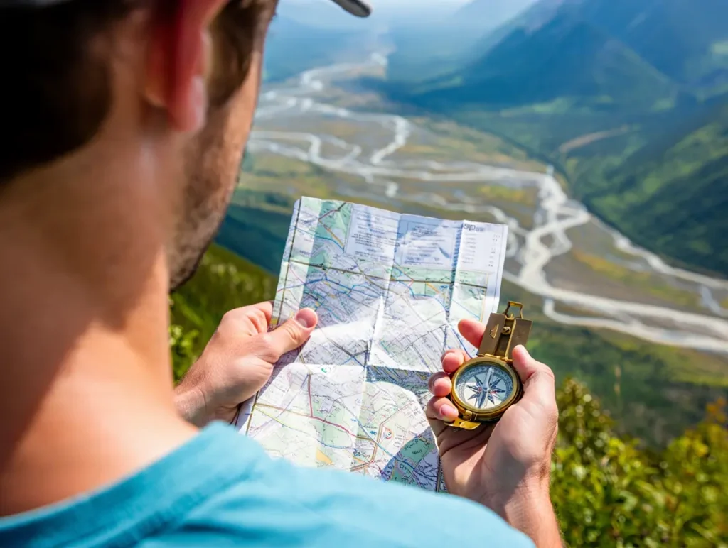 A hiker uses a map and compass to navigate a route while looking out over a vast valley in Gates of the Arctic National Park.