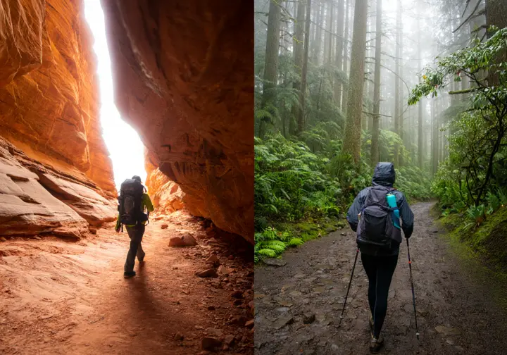 A split-screen image comparing two hiking environments: a hiker in a sunny desert canyon on the left and a hiker in a misty rainforest on the right.