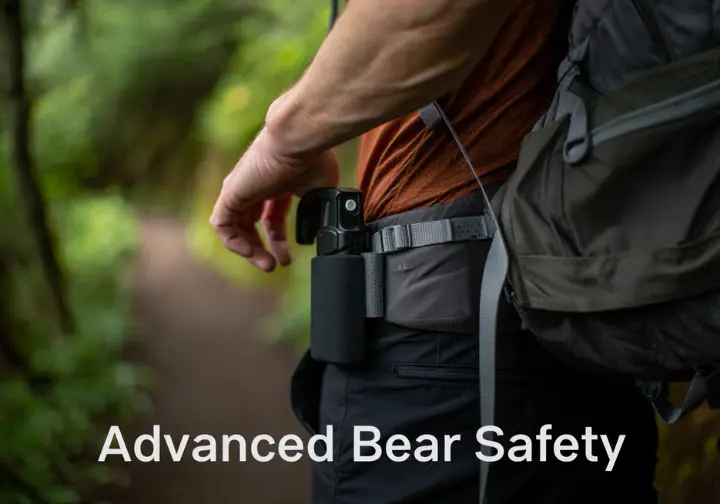 Close-up on a hiker's hip, showing a can of bear spray in a holster, representing essential safety skills for backpacking in Glacier National Park.