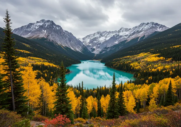 Joffre Lakes landscape in autumn, showcasing turquoise waters and colorful fall foliage.