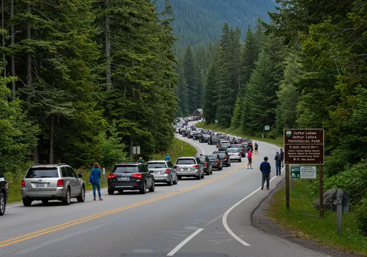 Entrance to Joffre Lakes Provincial Park showing a long line of cars, demonstrating high visitor volume.