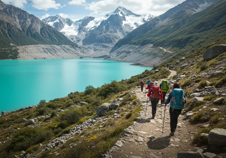 Trekkers hiking the O Circuit in Torres del Paine, with mountains and a glacial lake in the background.