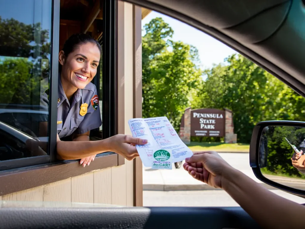 A park ranger at the Peninsula State Park entrance booth handing a vehicle admission sticker and a map to a visitor.