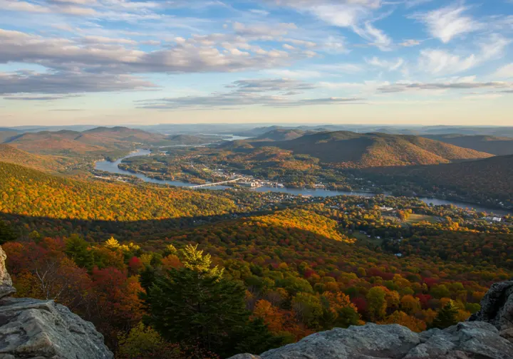 Panoramic view from a scenic mountain summit overlooking a valley, river, and town.