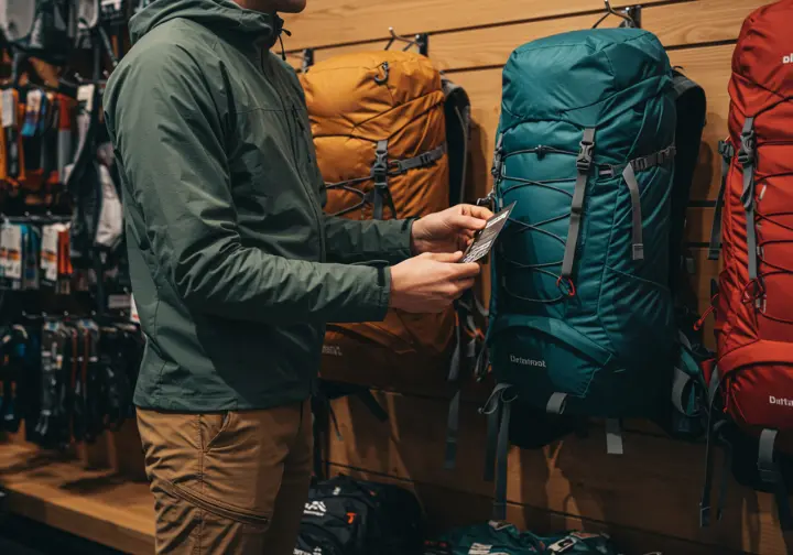 A shopper selecting backpacking gear, comparing backpack in a shop.