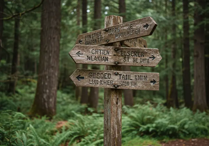 Trail signpost at a junction of hidden hiking trails, highlighting unique features.